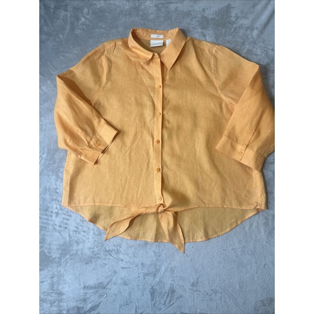 Chico’s Button Up Tip Up Blouse 100% Linen Orange Size 3 - Picture 2 of 10